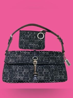 Coach Rare Vintage Y2K Black Signature Optic Lurex Hamptons Shoulder Bag &Wallet